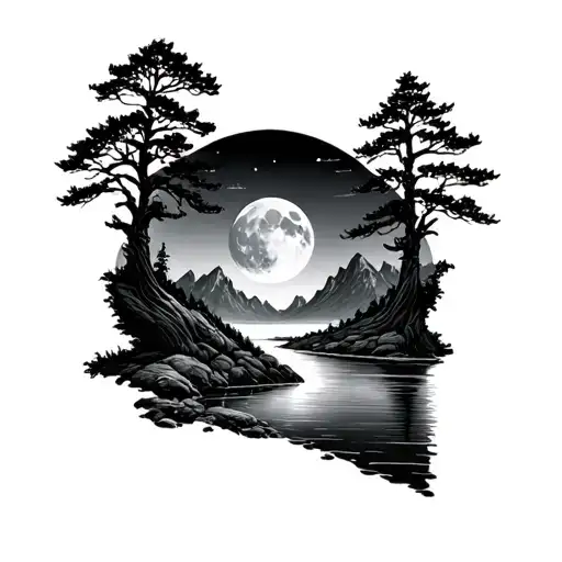 Trees Moon River Flowing Near Mountains