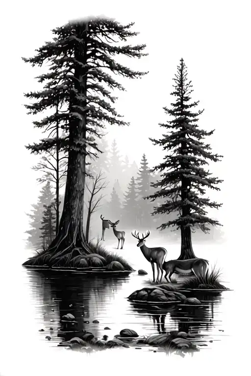 Forest Landscape With Pond And Two Deer