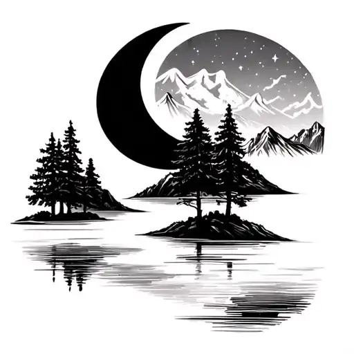 Simple Trees Crescent Moon River Flowing Near Mountains