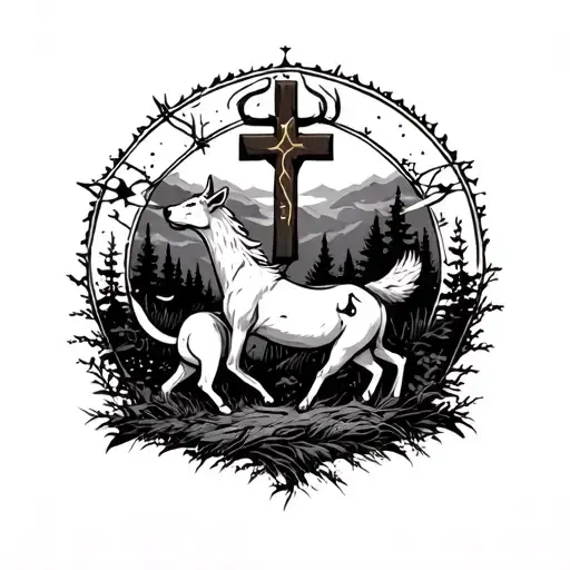 Wilderness Background With Sagittarius Sign And Animal With A Catholic Cross