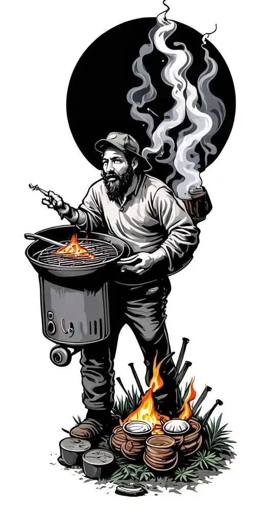 Camping Scene Full Sleeve Person Smoking A Joint Cooking Grill