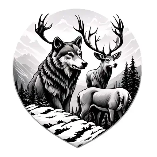 Bear Wolf And Deer Looking Down A Mountain