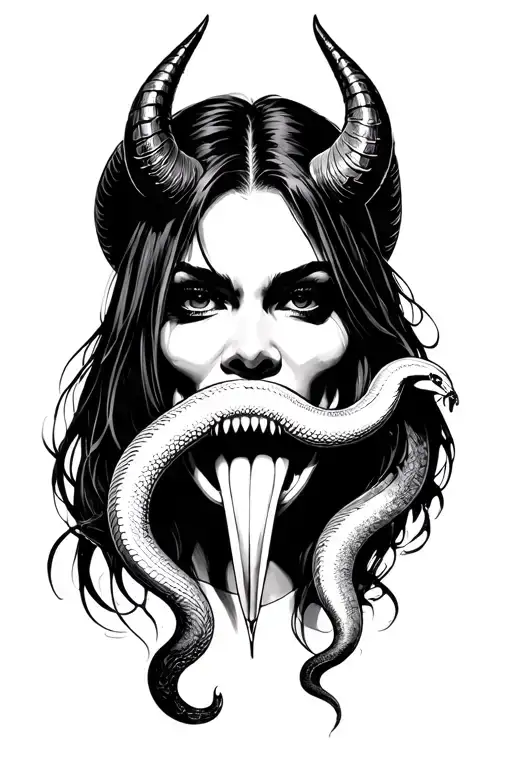 Woman With Devil Horns And Snake Tongue Realism