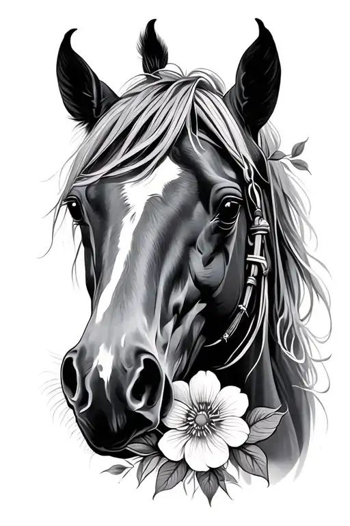 Horse Portrait Tattoo With Flower Intertwined
