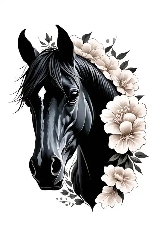Paint Horse Portrait Tattoo With Flower Intertwined