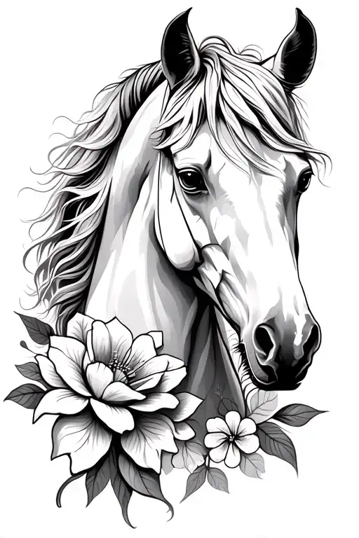 White Horse Portrait Tattoo With Flower Intertwined