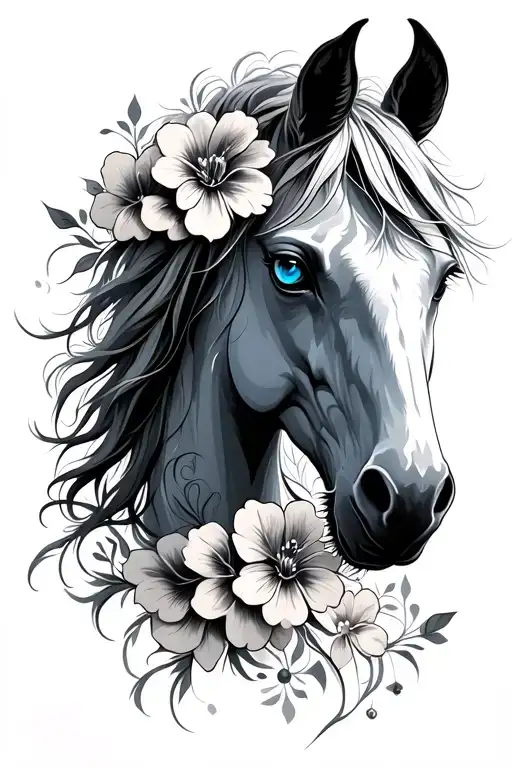 White Horse Blue Eyes Portraig Tattoo With Flower Intertwined