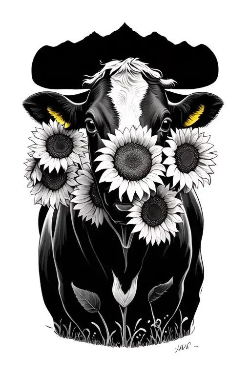 Cow And Sunflowers