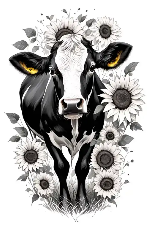 Cow And Sunflowers