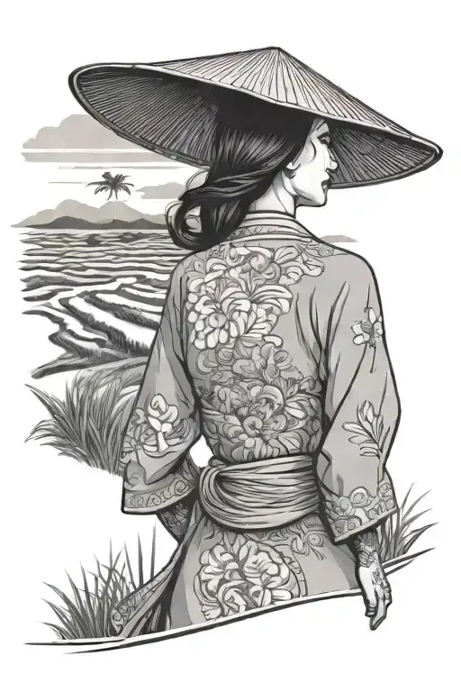 Woman In Ao Dai And Rice Hat Looking Away With Vietnamese Rice Fields In Background
