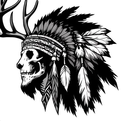 Deer Skull On A Man With A Native Headress