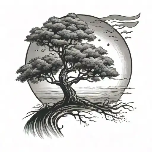 Brush Stroke Line With Moon Tree Water