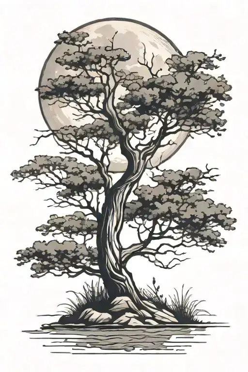 Brush Stroke Line With Moon Tree Water