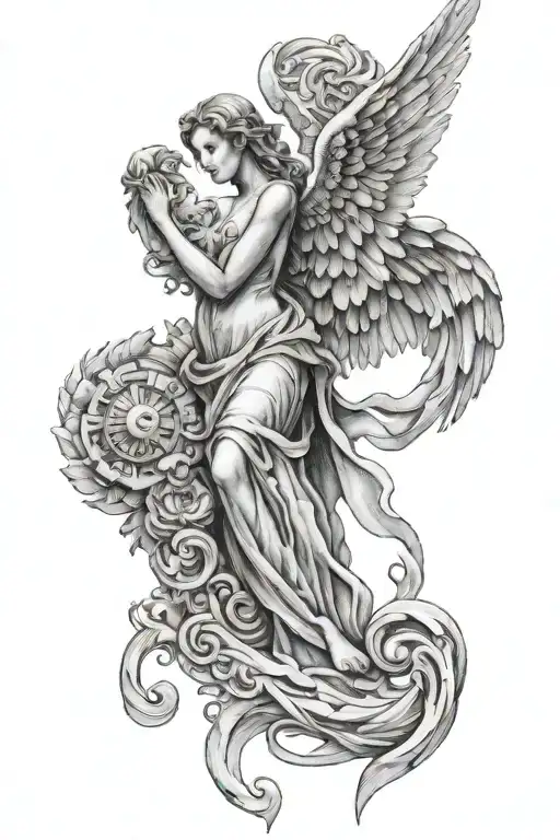 Angel With Wings With Roman Numerals Going Vertically Above The Angel In Between Wings