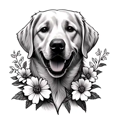 Yellow Lab Portrait With Flowers Up Side Of Body And Heartbeat
