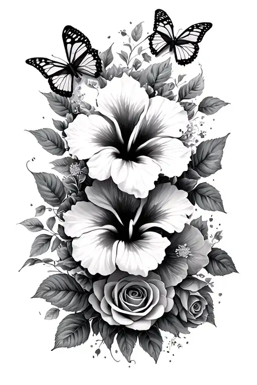 Hibiscus And Roses With Butterflies