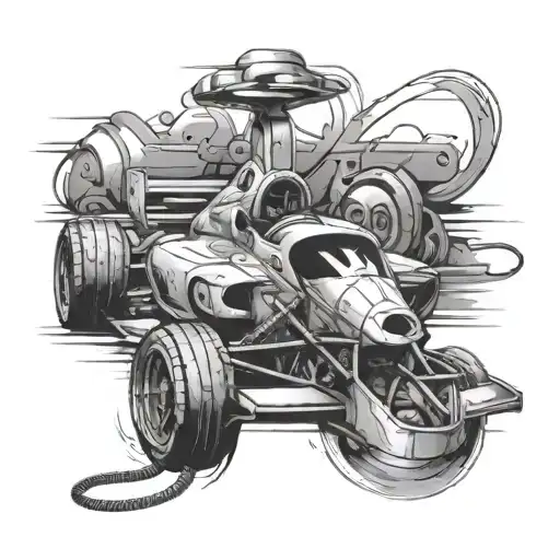 A Black And Grey Tattoo Of A Formula 1 Car With A Customer Support Headset