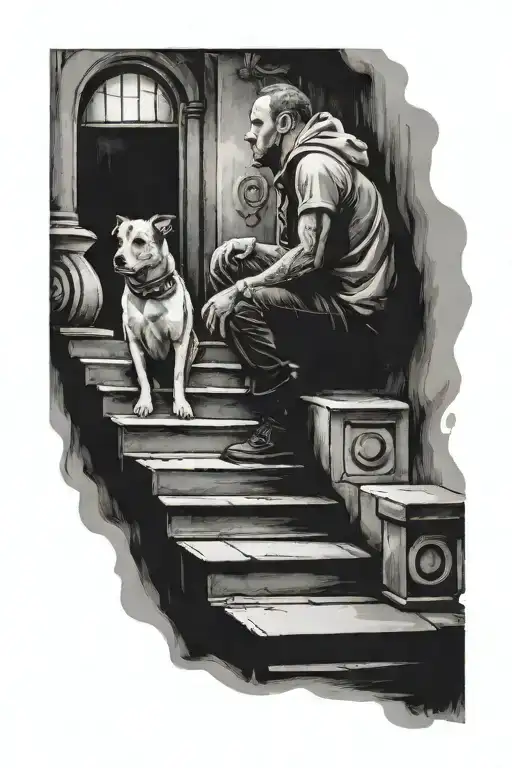 A Person And A Dog Sitting Facing Forward On The Top Of A Staircase