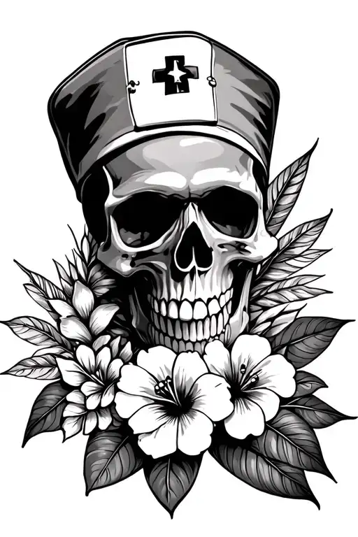 Hawaiian Floral And A Skull With A Nurse Cap On
