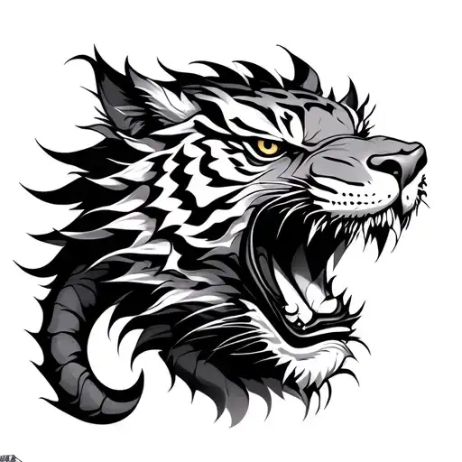 Japanese Dragon Staring At A Tiger Head