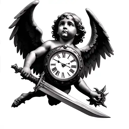 Clock Wings Cherub Angel Holding A Sword