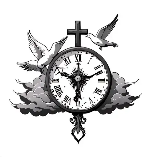 Cross Surrounded With Clouds Surrounding Dove And Broken Clock