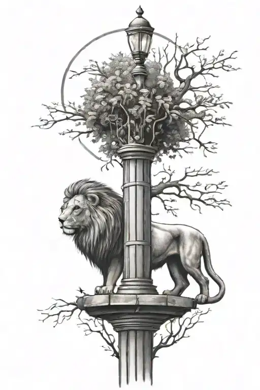 Lion Next To Lamppost With Trees