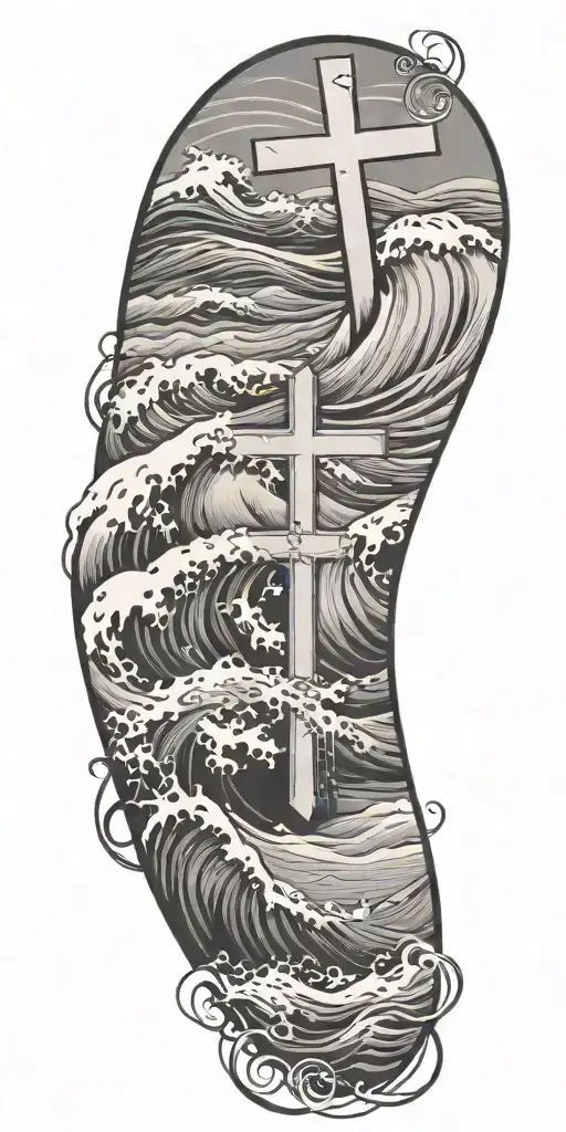 Ocean Waves With A Cross In The Sand