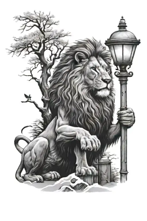 Lion Next To Lamppost In Snowy Wood