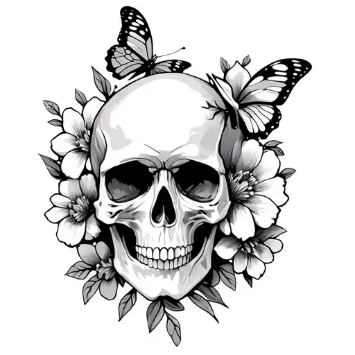 Skull And Flowers And Butterfly