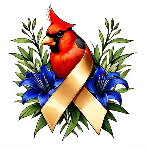 Cardinal With Gold Cancer Ribbon And Blue Lilies