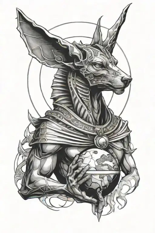 God Anubis Holding Planet Surrounded