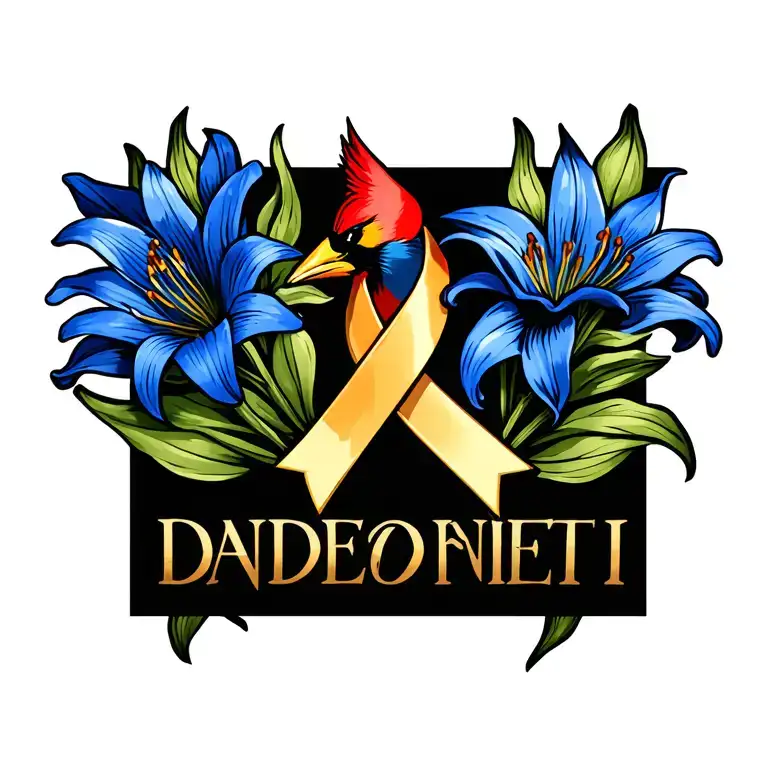 Cardinal With Gold Cancer Ribbon And Blue Lilies