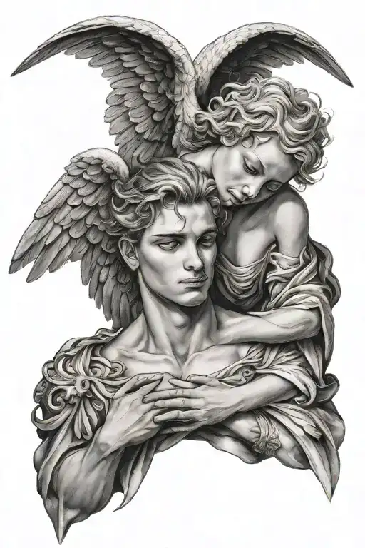 Male Angel And Girl Holding Each Other