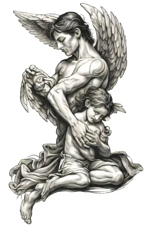 Male Angel And Girl Holding Each Other Symbolizing
