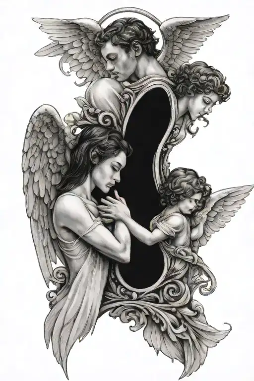 Male Angel And Girl Holding Each Other Each Mirror
