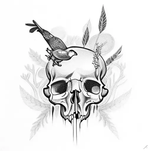 Bird Skull With Mushrooms
