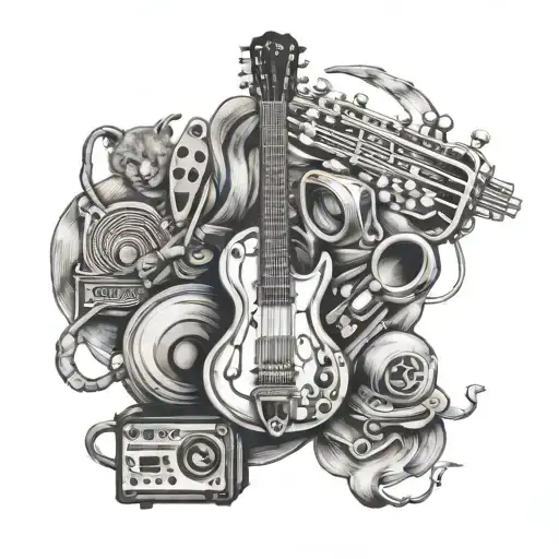 A Sleeve Tattoo Featuring Various Musical Instruments With Each One Morphing Into A Different Animal