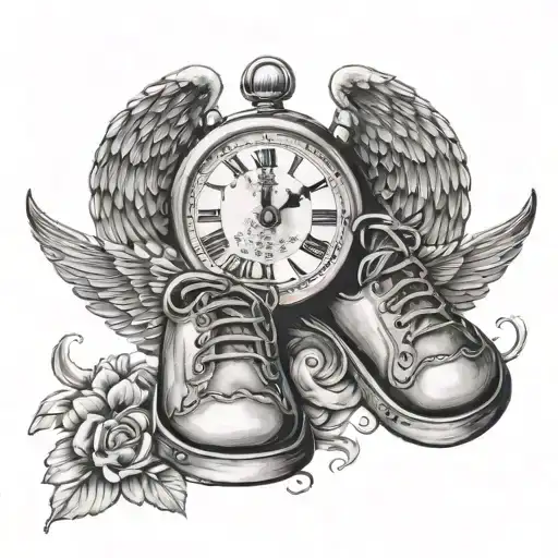 Baby Foot Print With Clock And Wings