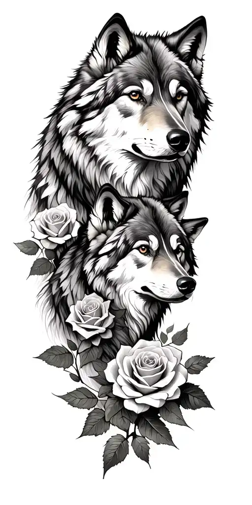 Wolves Representing Family With Roses And Trees
