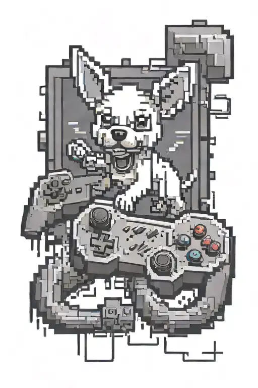 A Pixel Art Style Tattoo Of A Dog Chasing A Video Game Controller