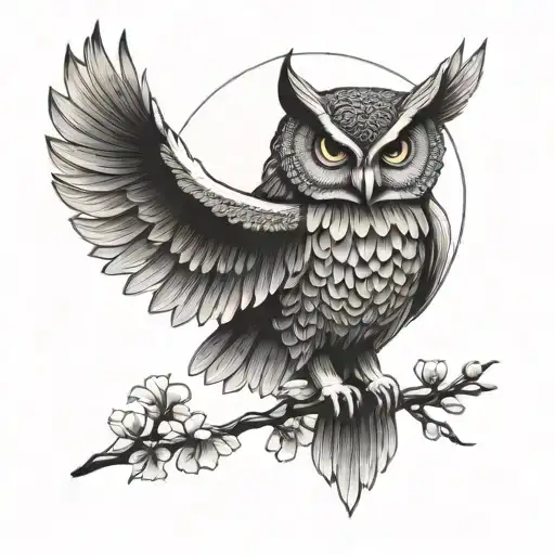 Owl Sun Setting Cherry Blossom