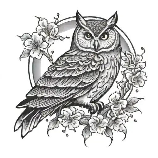 Owl Sun Setting Cherry Blossom Petals Falling