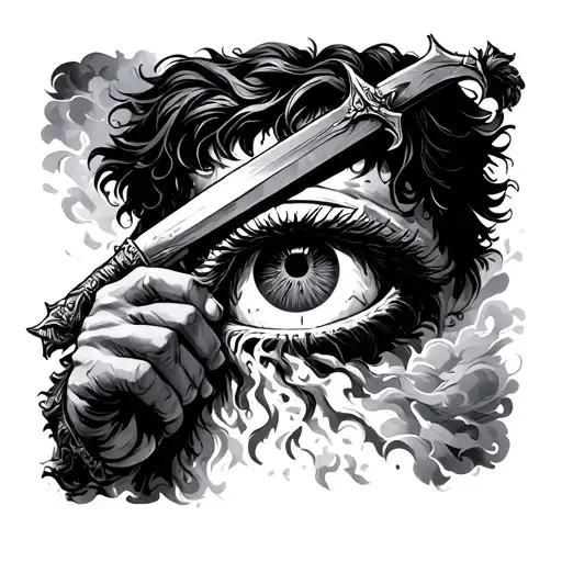 Black And Gray Illustration Of The Blinding Of Samson Getting His Eye Gouged With A Dagger
