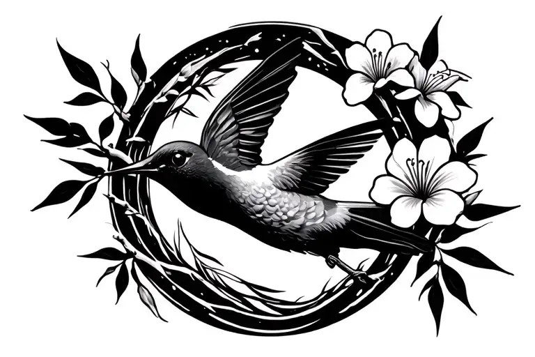 Humming Bird Enso Circle With Bamboo And Flower Blooming