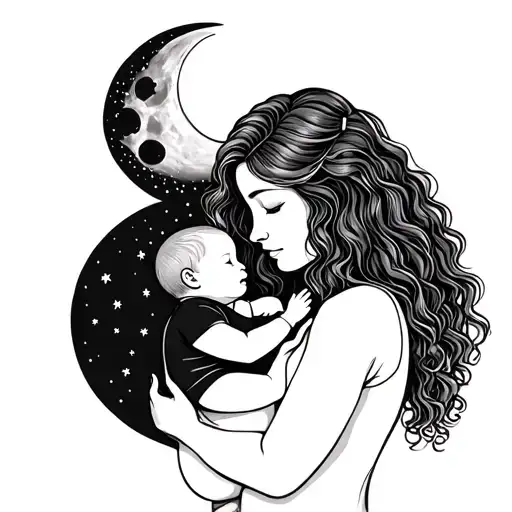 Woman From Behind With Long Curly Hair Holding A Newborn Baby And Looking At Half Moon