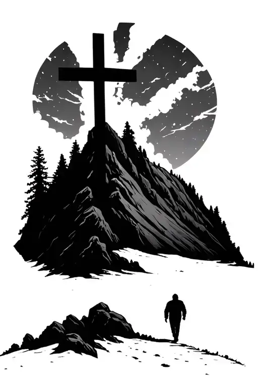 Cross On A Mountain With Man Walking On A Path Leading