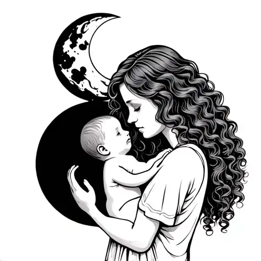 Woman From Behind With Long Curly Hair Holding A Newborn Baby And Looking At Half Moon