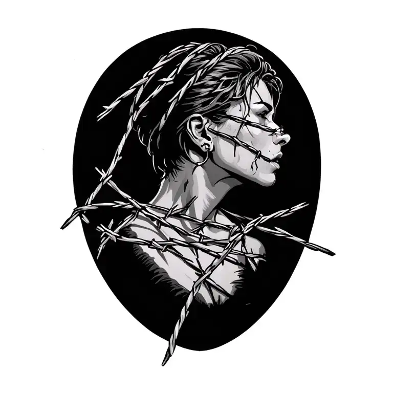 Barb Wire Wrapped On Shoulder And Onto Neck With Something Else With It Some Object