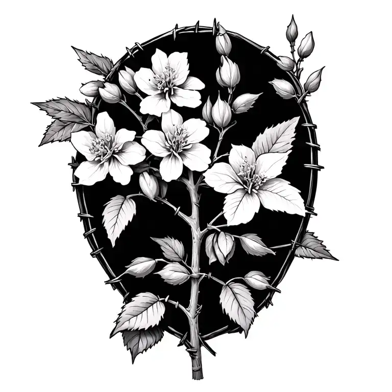 Barb Wire As Plant Stems And Honeysuckle Plant On It